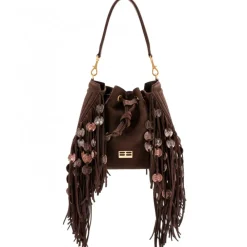 Aleksandra Badura - Lucky Bucket Bag Medium - Fringe Bucket Bag Medium - Chocolate - Luxury High Quality Leather Bag - Avvenice^ Bags