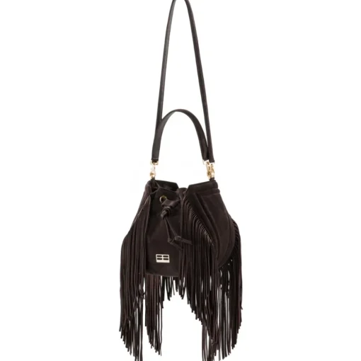 Aleksandra Badura - Lucky Bucket Bag Medium - Fringe Bucket Bag Medium - Chocolate - Luxury High Quality Leather Bag - Avvenice^ Bags