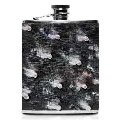 Ammoment - Hip Flask - Ostrich Leather in Tahitian Pearl Peacock Black - Luxury Stainless Steel Hip Flask in Leather - Avvenice^ Accessories | Other Accessories