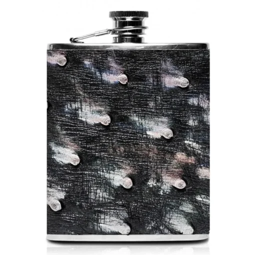 Ammoment - Hip Flask - Ostrich Leather in Tahitian Pearl Peacock Black - Luxury Stainless Steel Hip Flask in Leather - Avvenice^ Accessories | Other Accessories