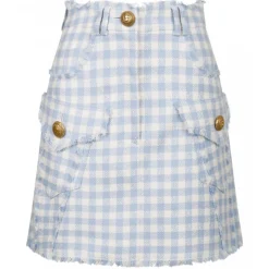 Balmain - Gingham Tweed A-Line Skirt - Blue - Exclusive Luxury Collection - Avvenice
