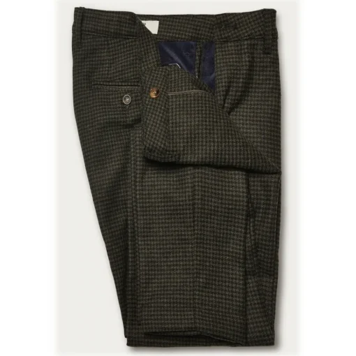 Cruna - New Town Trousers in Pied-de-Poule Wool - 482 - Forest Green - Handmade in Italy - Luxury High Quality Pants - Avvenice^ Trousers