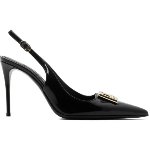 Dolce & Gabbana Dolce & Gabbana - Black Calf Leather Logo Plaque Slingback Pumps - Dolce & Gabbana Exclusive Luxury Collection - Avvenice