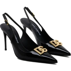 Dolce & Gabbana Dolce & Gabbana - Black Calf Leather Logo Plaque Slingback Pumps - Dolce & Gabbana Exclusive Luxury Collection - Avvenice