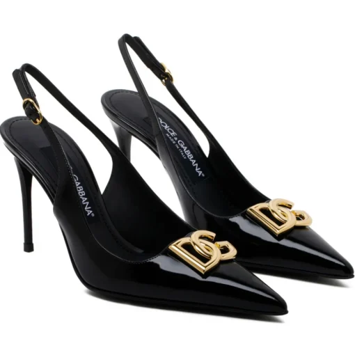 Dolce & Gabbana Dolce & Gabbana - Black Calf Leather Logo Plaque Slingback Pumps - Dolce & Gabbana Exclusive Luxury Collection - Avvenice
