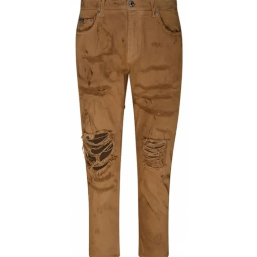 Dolce & Gabbana Dolce & Gabbana - Light Brown Cotton Ripped Slim Fit Jeans - Dolce & Gabbana Exclusive Luxury Collection - Avvenice