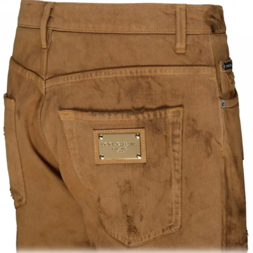 Dolce & Gabbana Dolce & Gabbana - Light Brown Cotton Ripped Slim Fit Jeans - Dolce & Gabbana Exclusive Luxury Collection - Avvenice