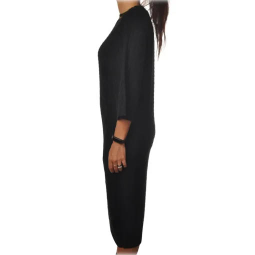 Elisabetta Franchi - 3/4 Long Sleeve Crew-Neck - Black - Dress - Made in Italy - Luxury Exclusive Collection - Avvenice