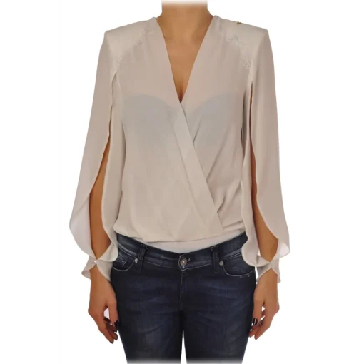 Elisabetta Franchi - Body Blouse With Long Sleeves - Ivory - Top - Made in Italy - Luxury Exclusive Collection - Avvenice^ Tops