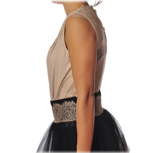 Elisabetta Franchi - Body with Back in Tulle - Vanilla - Top - Made in Italy - Luxury Exclusive Collection - Avvenice^ Tops