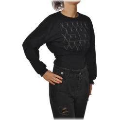 Elisabetta Franchi - Cropped Sweatshirt with Print - Black - Sweatshirt - Made in Italy - Luxury Exclusive Collection - Avvenice^ Sweatshirts