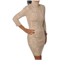 Elisabetta Franchi - High-Neck Dress in Logoed Fantasy - Beige/White - Dress - Made in Italy - Luxury Exclusive Collection - Avvenice^ Jackets | Dresses
