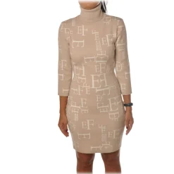 Elisabetta Franchi - High-Neck Dress in Logoed Fantasy - Beige/White - Dress - Made in Italy - Luxury Exclusive Collection - Avvenice^ Jackets | Dresses