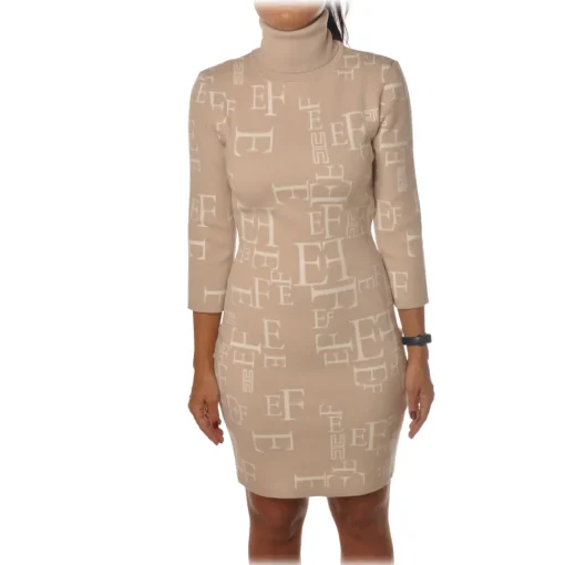 Elisabetta Franchi - High-Neck Dress in Logoed Fantasy - Beige/White - Dress - Made in Italy - Luxury Exclusive Collection - Avvenice^ Jackets | Dresses