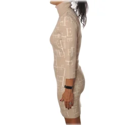 Elisabetta Franchi - High-Neck Dress in Logoed Fantasy - Beige/White - Dress - Made in Italy - Luxury Exclusive Collection - Avvenice^ Jackets | Dresses