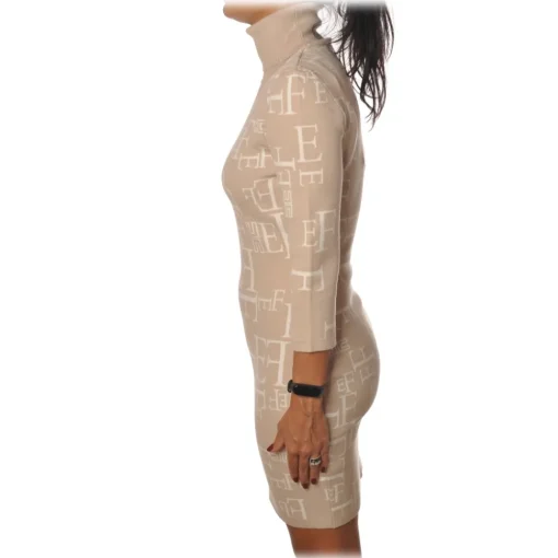 Elisabetta Franchi - High-Neck Dress in Logoed Fantasy - Beige/White - Dress - Made in Italy - Luxury Exclusive Collection - Avvenice^ Jackets | Dresses