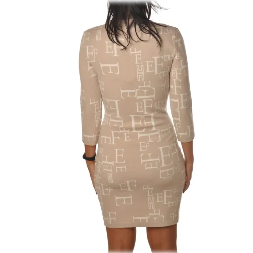 Elisabetta Franchi - High-Neck Dress in Logoed Fantasy - Beige/White - Dress - Made in Italy - Luxury Exclusive Collection - Avvenice^ Jackets | Dresses