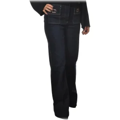Elisabetta Franchi - High-Waisted Model in Non-Washed Canvas - Blue - Trousers - Made in Italy - Luxury Exclusive Collection - Avvenice^ Trousers