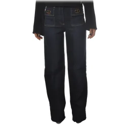 Elisabetta Franchi - High-Waisted Model in Non-Washed Canvas - Blue - Trousers - Made in Italy - Luxury Exclusive Collection - Avvenice^ Trousers