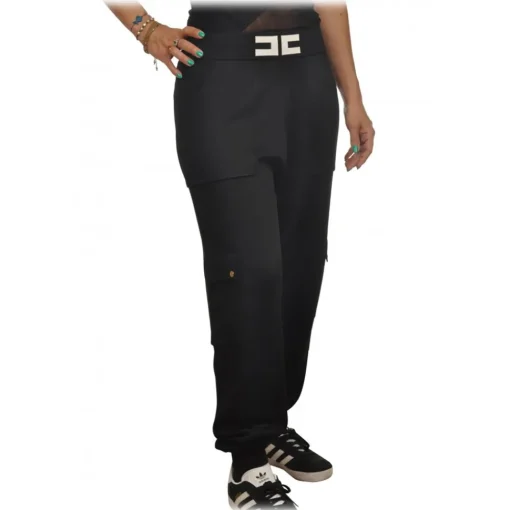 Elisabetta Franchi - Knit Yarn Trousers with Logo - Black - Trousers - Made in Italy - Luxury Exclusive Collection - Avvenice^ Trousers