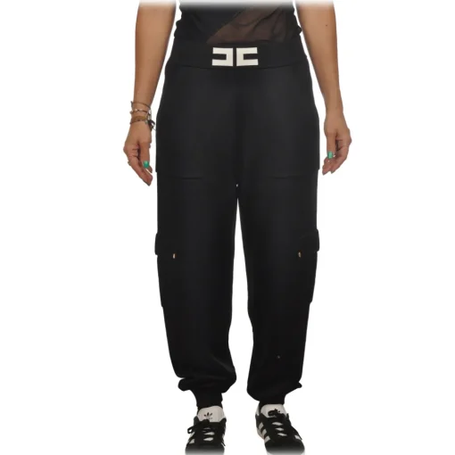 Elisabetta Franchi - Knit Yarn Trousers with Logo - Black - Trousers - Made in Italy - Luxury Exclusive Collection - Avvenice^ Trousers