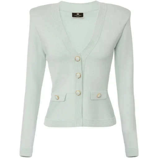 Elisabetta Franchi - Knitted Jacket with Jewel Buttons - Light Blue - Jacket - Made in Italy - Luxury Exclusive Collection - Avvenice