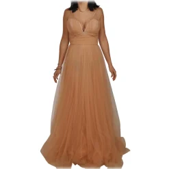 Elisabetta Franchi - Long Tulle Dress with Pleated Skirt - Beige - Dress - Made in Italy - Luxury Exclusive Collection - Avvenice
