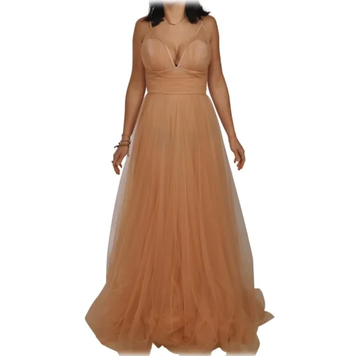Elisabetta Franchi - Long Tulle Dress with Pleated Skirt - Beige - Dress - Made in Italy - Luxury Exclusive Collection - Avvenice