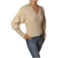 Elisabetta Franchi - Short Long Sleeve Sweater - Butter - Sweater - Made in Italy - Luxury Exclusive Collection - Avvenice^ Knitwears
