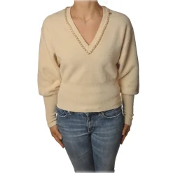 Elisabetta Franchi - Short Long Sleeve Sweater - Butter - Sweater - Made in Italy - Luxury Exclusive Collection - Avvenice^ Knitwears