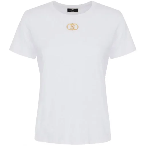 Elisabetta Franchi - T-Shirt with Metal Logo Application - White - T-Shirt - Made in Italy - Luxury Exclusive Collection - Avvenice