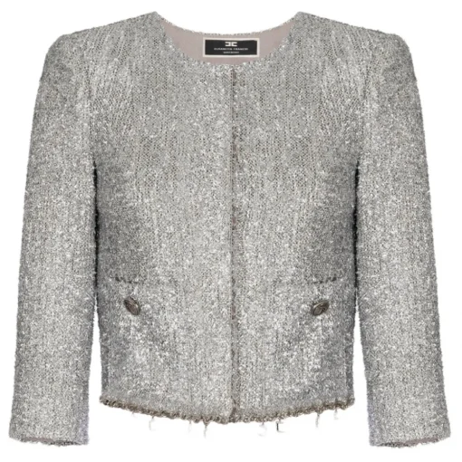Elisabetta Franchi - Tweed Lurex Cropped Jacket - Silver - Jacket - Made in Italy - Luxury Exclusive Collection - Avvenice^ Jackets
