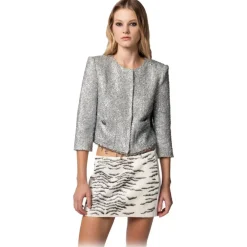 Elisabetta Franchi - Tweed Lurex Cropped Jacket - Silver - Jacket - Made in Italy - Luxury Exclusive Collection - Avvenice^ Jackets