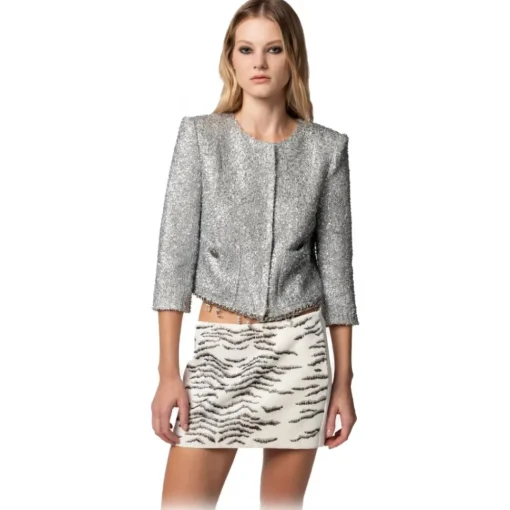 Elisabetta Franchi - Tweed Lurex Cropped Jacket - Silver - Jacket - Made in Italy - Luxury Exclusive Collection - Avvenice^ Jackets