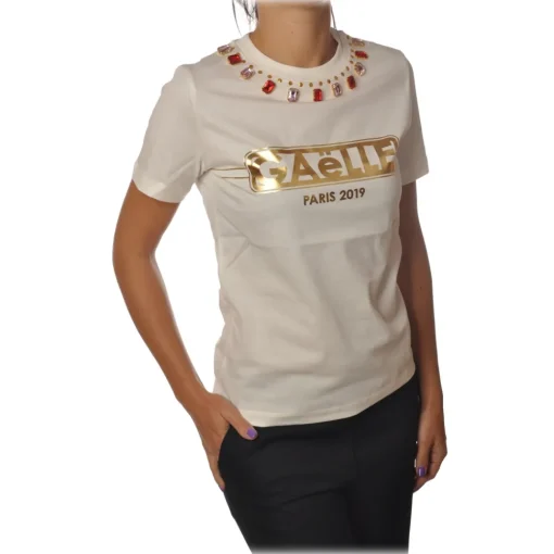 Ga\u00eblle Paris Gaëlle Paris - Short Sleeve Crewneck T-Shirt - Cream - T-Shirt - Made in Italy - Luxury Exclusive Collection - Avvenice^ T-shirt