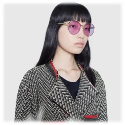 Gucci Eyewear Gucci - Round Frame Metal Sunglasses - Gold  with Green and Red Web Detail - - Avvenice