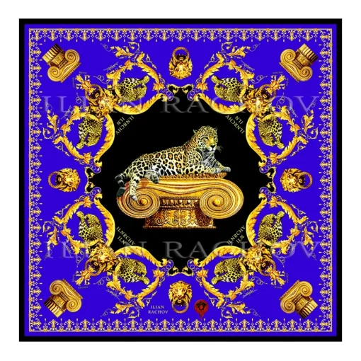 Ilian Rachov - Imperial Jaguar Blue Silk Scarf - Baroque - Silk Foulard - Luxury High Quality - Avvenice^ Scarves
