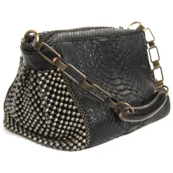 Laura B - Bauletto Bag - Leather and Mesh Bag - Python - Black Dorè - Strap Bag - Luxury High Quality Bag - Avvenice^ Bags
