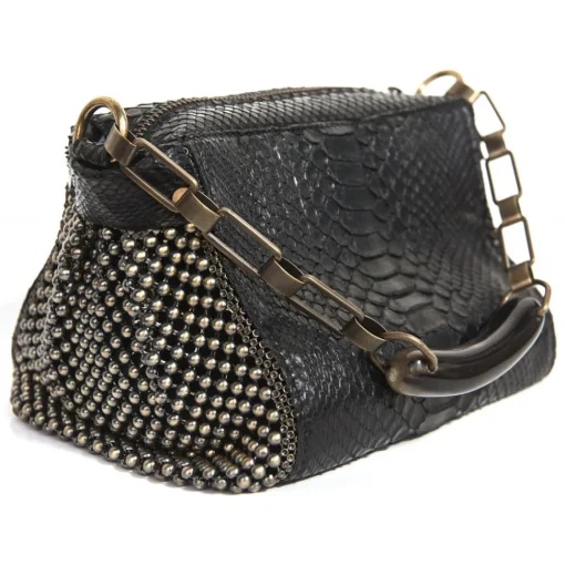 Laura B - Bauletto Bag - Leather and Mesh Bag - Python - Black Dorè - Strap Bag - Luxury High Quality Bag - Avvenice^ Bags
