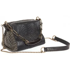 Laura B - Bauletto Bag - Leather and Mesh Bag - Python - Black Dorè - Strap Bag - Luxury High Quality Bag - Avvenice^ Bags