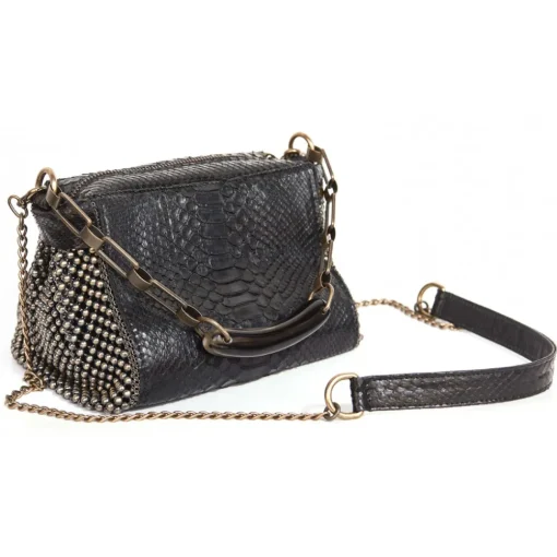 Laura B - Bauletto Bag - Leather and Mesh Bag - Python - Black Dorè - Strap Bag - Luxury High Quality Bag - Avvenice^ Bags
