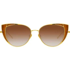 Linda Farrow - 855 C2 Cat Eye Sunglasses - Yellow Gold and Tobacco - Eyewear - Avvenice