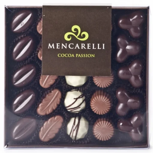 Mencarelli Cocoa Passion - Transparent Box 25 Pralines Assorted - Artisan Chocolates 250 g - Avvenice^ Sweets