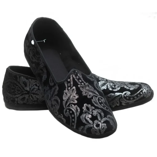Venetian Reflections by Nicolao Nicolao Atelier - Furlana Velvet Slipper - Color Black Silver Damask Man - Shoe - Made in Italy - Luxury Exclusive Collection - Avvenice^ Slippers
