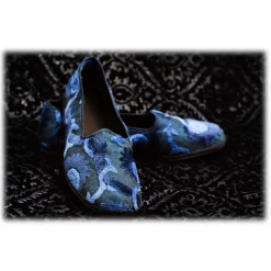 Venetian Reflections by Nicolao Nicolao Atelier - Furlana Slipper Venezia in Velvet and Damask - Blue Black - Shoe - Made in Italy - Luxury Exclusive Collection - Avvenice^ Slippers