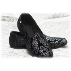 Venetian Reflections by Nicolao Nicolao Atelier - Furlana Velvet Slipper - Color Black Silver Damask Man - Shoe - Made in Italy - Luxury Exclusive Collection - Avvenice^ Slippers