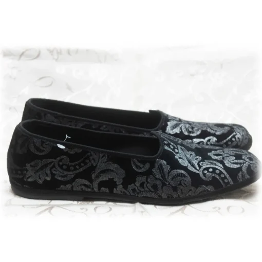 Venetian Reflections by Nicolao Nicolao Atelier - Furlana Velvet Slipper - Color Black Silver Damask Man - Shoe - Made in Italy - Luxury Exclusive Collection - Avvenice^ Slippers
