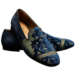 Venetian Reflections by Nicolao Nicolao Atelier - Silk Velvet Slipper Shoe - Blue Gold Man - Shoe - Made in Italy - Luxury Exclusive Collection - Avvenice^ Slippers