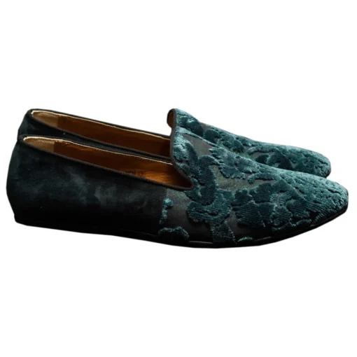 Venetian Reflections by Nicolao Nicolao Atelier - Velvet Brocade Slipper Shoe - Teal Green - Shoe - Made in Italy - Luxury Exclusive Collection - Avvenice