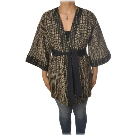 Ottod'Ame Ottod'Ame - Kimono with Sash - Black/Beige - Jacket - Luxury Exclusive Collection - Avvenice
